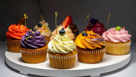 Colorful cupcakes on a white background. Selective focus.の素材