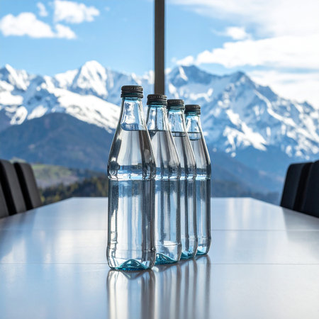 Bottles of mineral water on the table with mountains in the backgroundの素材