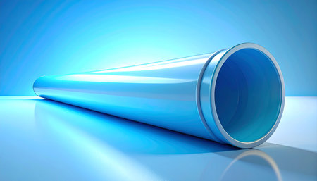 3d render of blue plastic tube over blue background with reflective surfaceの素材