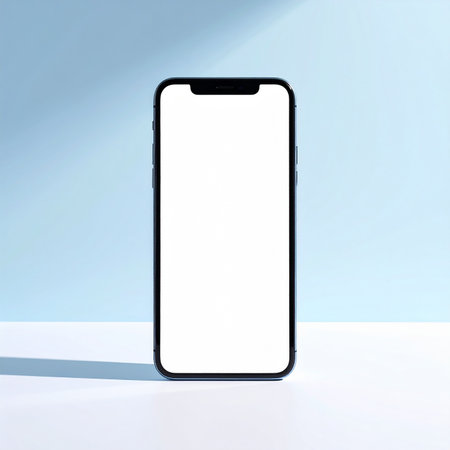 Smartphone with blank screen on blue background. 3D rendering.の素材