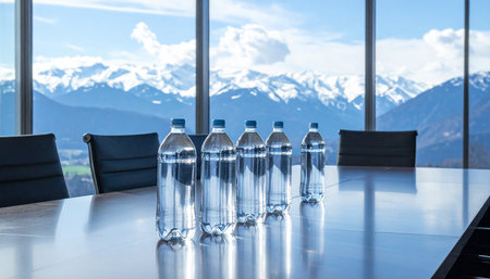 Bottles of water on a table in a conference room with a view of the mountainsの素材