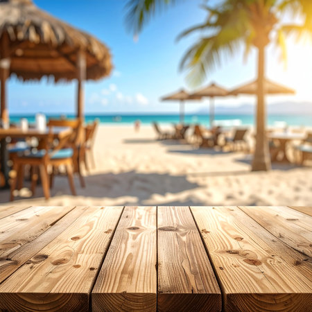 Wooden table top on blur beach background - can be used for display or montage your productsの素材