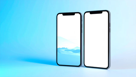 Two smartphones with blank white screen on blue background. 3D renderingの素材