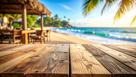 Wooden table top on blur tropical beach background - can be used for display or montage your productsの素材