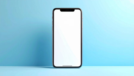 Smartphone mockup with blank screen on blue background. 3D renderingの素材