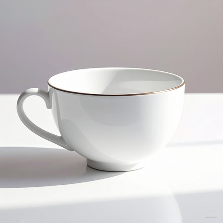 White porcelain cup on a white background with shadow and sunlightの素材