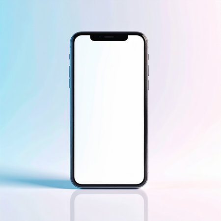 Smartphone with blank screen on blue background. 3D illustration.の素材