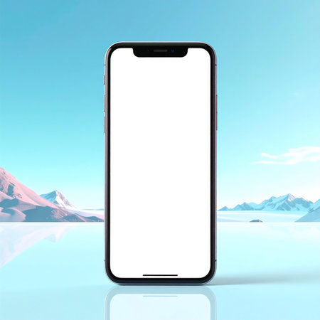 Smartphone with blank screen on snow mountain background. 3d renderの素材