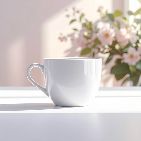 Coffee cup on white table. 3d render. White coffee cupの素材