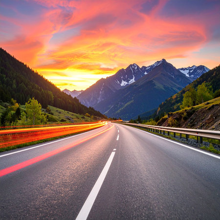 Highway in the mountains at sunset. Beautiful summer landscape with highway.の素材