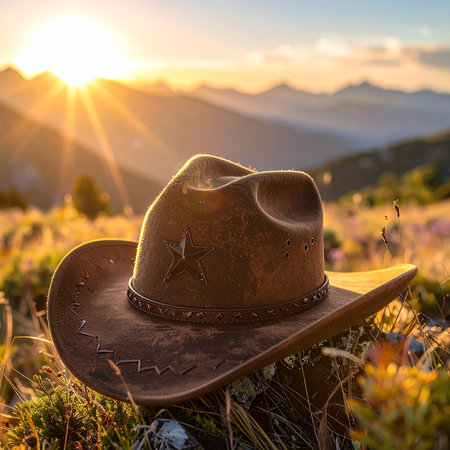 Cowboy hat on top of the mountain at sunset in the summerの素材