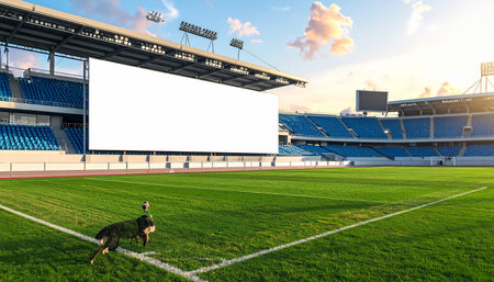 Blank white billboard in stadium with green grass field and dog.の素材