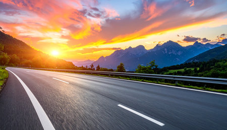 Asphalt road in the Alps at sunset. Nature landscape background.の素材
