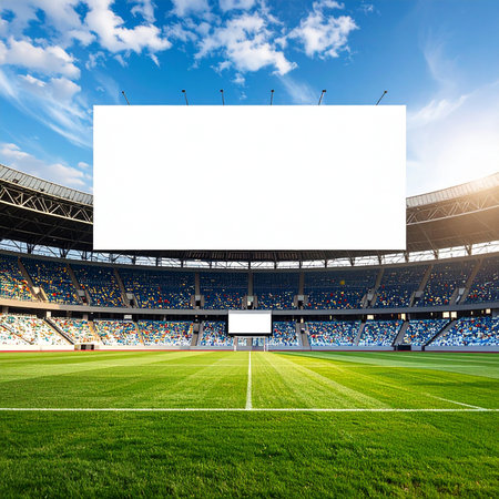 Blank white billboard on football stadium with green grass field and blue skyの素材