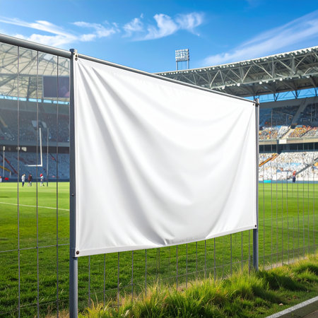 Blank white banner on football stadium. 3d render illustration.の素材