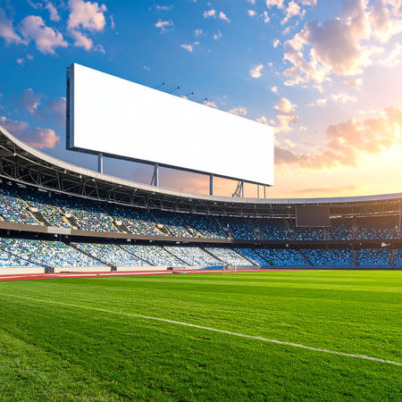 Blank billboard on football stadium at sunset. 3D Renderingの素材
