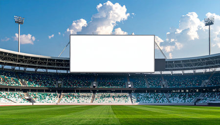 Blank billboard on a large football stadium with green grass and blue skyの素材
