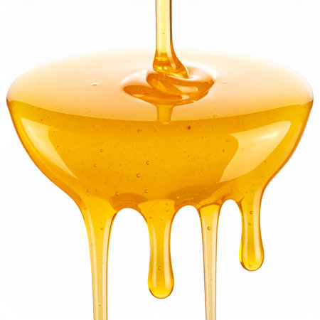 Honey dripping from a honey dipper isolated on white background.の素材
