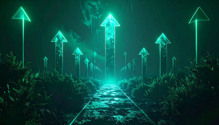 Glowing arrows in the dark forest, 3d rendering digital illustrationの素材