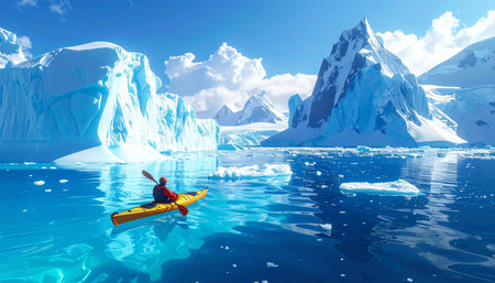 Man kayaking in the ocean. 3D rendering. Icebergの素材