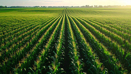 Aerial view of corn growing on a farm field at sunset.の素材