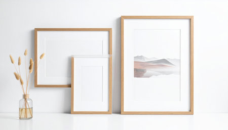 Mock up of three wooden frames hanging on a white wall.の素材