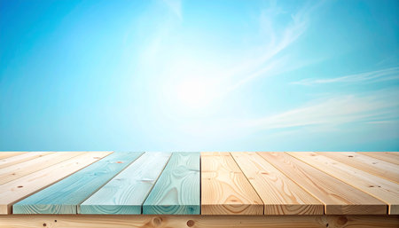 Wooden table top on blue sky background - can be used for display or montage your productsの素材