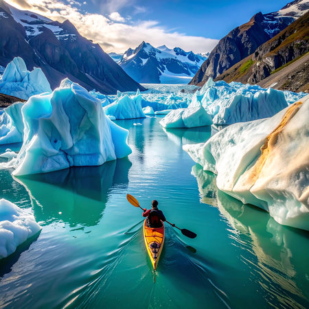 Kayaking in Glacier Lagoon, Torres del Paine National Park, Chileの素材