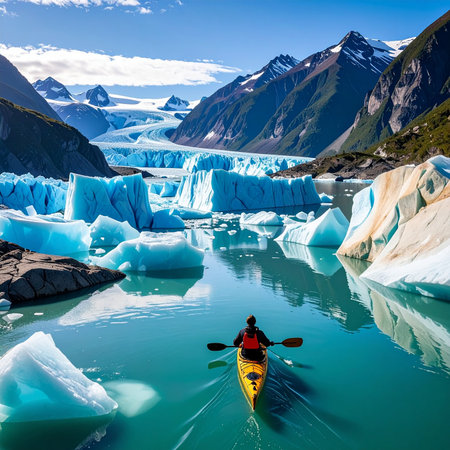 Man kayaking in Glacier Lagoon, Torres del Paine National Park, Chileの素材