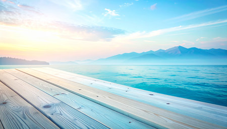 Wooden deck on the background of the sea and mountains at sunsetの素材