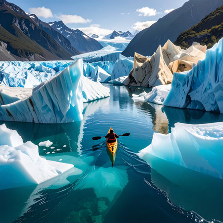 Kayaking in Glacier Lagoon, Torres del Paine National Park, Chileの素材