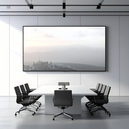 Modern conference room interior with city view on the screen. 3D Renderingの素材