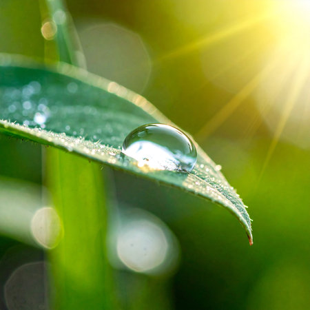 Fresh grass with dew drops close up. Beautiful nature background.の素材