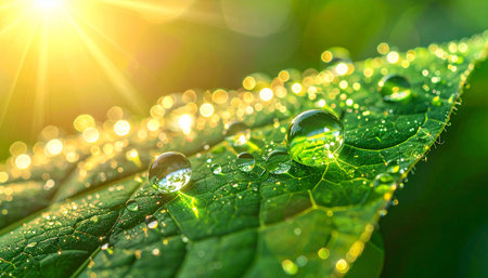 Water droplets on green leaf with sun light. Nature background.の素材