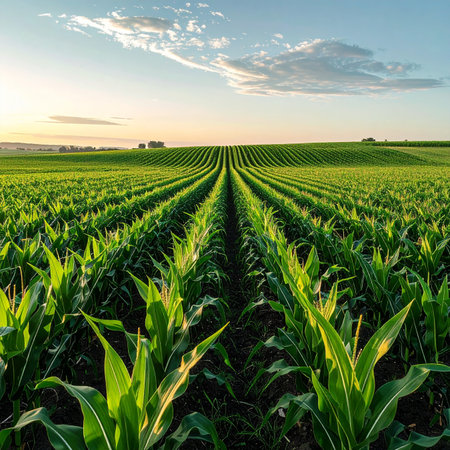 Agricultural landscape with corn field and blue sky at sunset.の素材