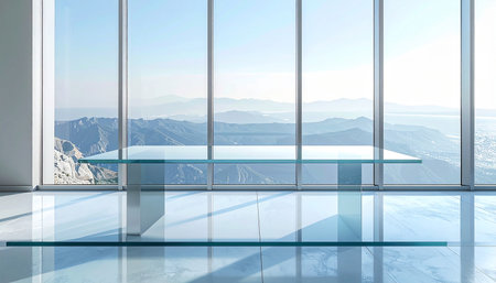 Empty white room with a panoramic view of the mountains. 3d renderingの素材