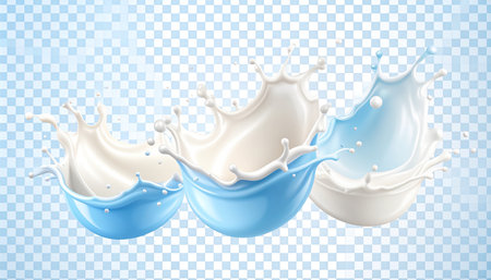Milk splash in blue bowl isolated on transparent background. Realistic vector illustration.の素材