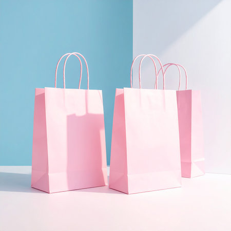 Paper shopping bags on pastel blue and pink background. 3d renderingの素材