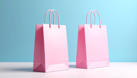 Pink paper shopping bags on blue background. 3D Rendering.の素材