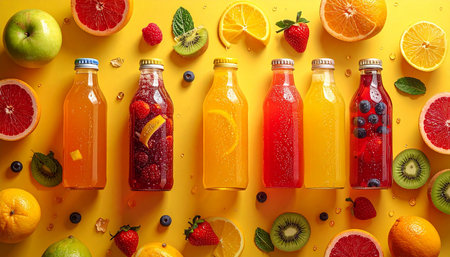 Bottles of tasty fruit juices on yellow background, top view. Healthy lifestyleの素材