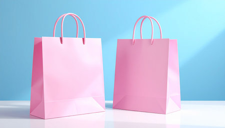 pink and pink shopping bags on blue background. 3d renderingの素材