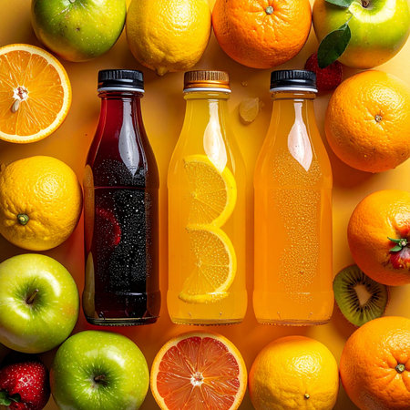 bottles of orange juice with fresh fruits on yellow background top viewの素材