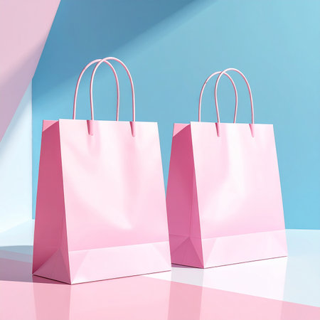 Two pink paper shopping bags on a blue background. 3d renderingの素材