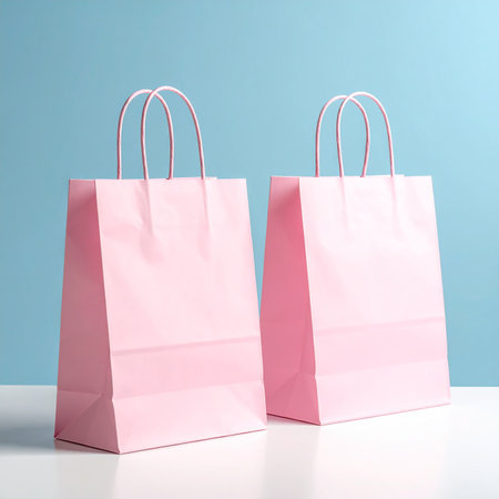 Pink paper shopping bags on a white table and blue wall background.の素材