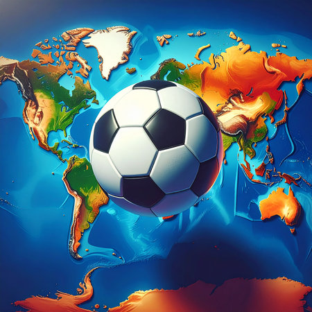 Soccer ball on the world map background. 3d illustration.の素材