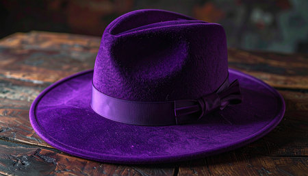 Violet hat with bow tie on a wooden background. Close-up.の素材