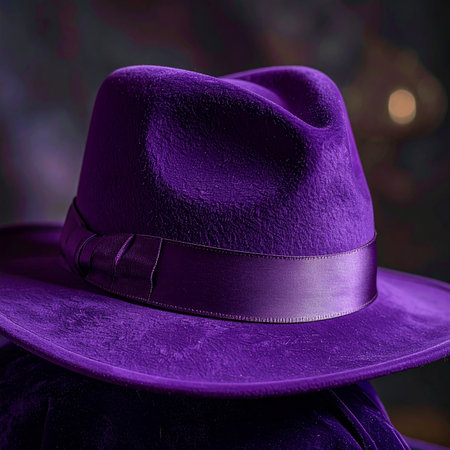 Violet hat on a mannequin on a dark background.の素材