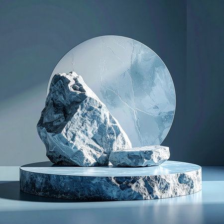 Abstract scene with marble pedestal on blue background. 3d renderの素材