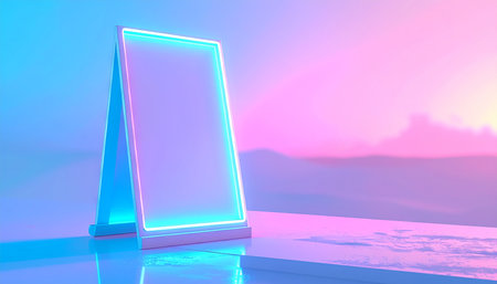 3d rendering of a blank display stand in blue and pink backgroundの素材
