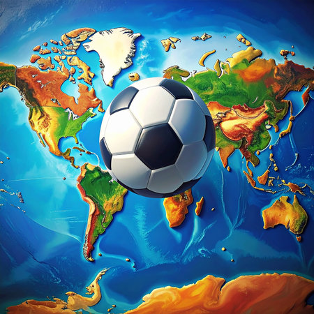 Soccer ball on the world map background. 3D illustration.の素材